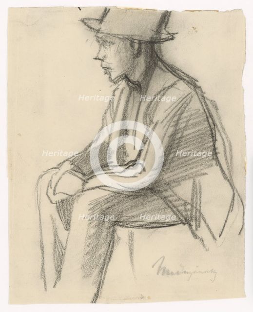 Study of a seated man in a hat, around 1900. Creator: Ladislav Mednyanszky.
