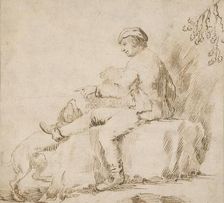 Study of a seated man playing with a dog, around 1600. Creator: Unknown