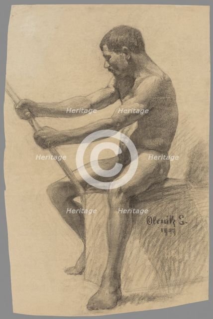 Study of a seated man with a stick, 1907. Creator: Emil Alexay-Olexák.