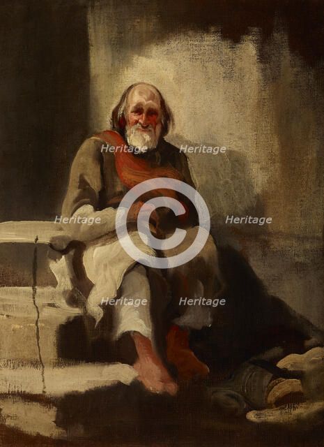 Study of an Old Man Sitting on the Stairs, c1840. Creator: Piotr Michalowski.