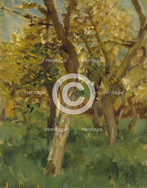 Study of blossoming trees in an orchard, 1891. Creator: George Clausen.