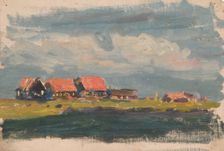 Study of Dutch red-roofed houses beside water, mid-late 1870s. Creator: George Clausen