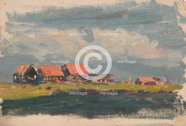 Study of Dutch red-roofed houses beside water, mid-late 1870s. Creator: George Clausen.