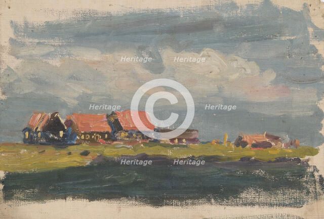 Study of Dutch red-roofed houses beside water, mid-late 1870s. Creator: George Clausen.