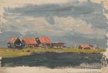 Study of Dutch red-roofed houses beside water, mid-late 1870s. Creator: George Clausen