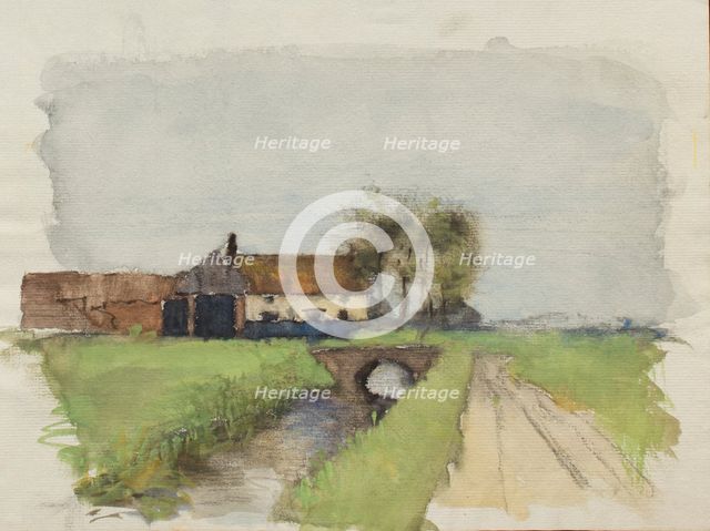 Study of farmbuildings with a bridge over a stream, probably mid-1880s. Creator: George Clausen.