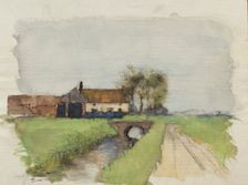 Study of farmbuildings with a bridge over a stream, probably mid-1880s. Creator: George Clausen