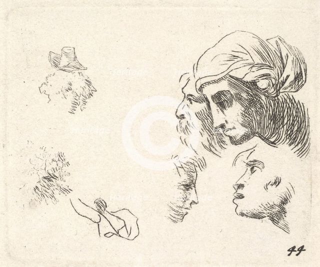 Study of heads in profile view, a woman with headcloth and bearded man whose heads ..., ca. 1641-78. Creator: Karel Du Jardin.