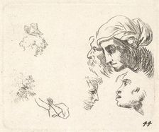 Study of heads in profile view, a woman with headcloth and bearded man whose heads ..., ca. 1641-78. Creator: Karel Du Jardin
