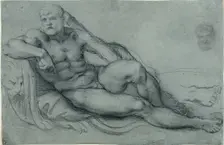 Study of Hercules Resting, with Separate Studies of His Head and Foot (recto); Rectangul..., 1595/97 Creator: Annibale Carracci