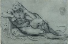 Study of Hercules Resting, with Separate Studies of His Head and Foot (recto); Rectangul..., 1595/97 Creator: Annibale Carracci
