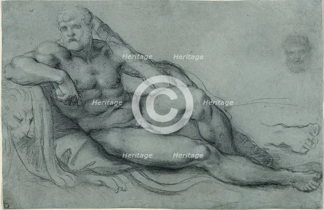 Study of Hercules Resting, with Separate Studies of His Head and Foot (recto); Rectangul..., 1595/97 Creator: Annibale Carracci.