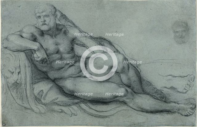 Study of Hercules Resting, with Separate Studies of His Head and Foot (recto); Rectangul..., 1595/97 Creator: Annibale Carracci.