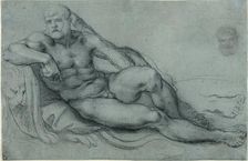 Study of Hercules Resting, with Separate Studies of His Head and Foot (recto); Rectangul..., 1595/97 Creator: Annibale Carracci
