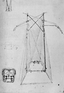 Study of Motive Apparatus of Flying Machine with Ground Plan of Mechanism of Base 1928. Artist: Leonardo da Vinci