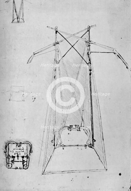'Study of Motive Apparatus of Flying Machine with Ground Plan of Mechanism of Base', 1928. Artist: Leonardo da Vinci.