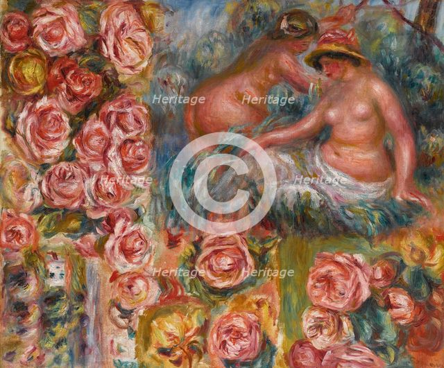 Study of nude female figures and flowers.
