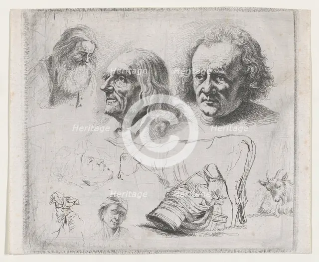 Study of Six Heads and a Milkmaid, 1816. Creator: Ignace Joseph de Claussin.