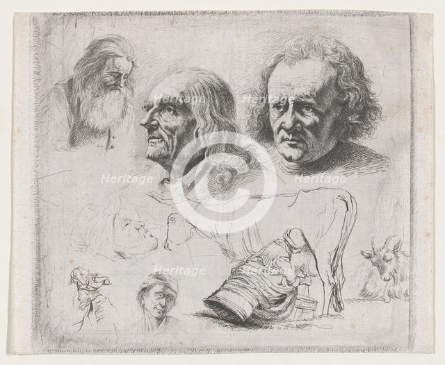 Study of Six Heads and a Milkmaid, 1816. Creator: Ignace Joseph de Claussin.