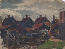 Study of wooden houses beside a pond in Holland, probably mid-late 1870s. Creator: George Clausen