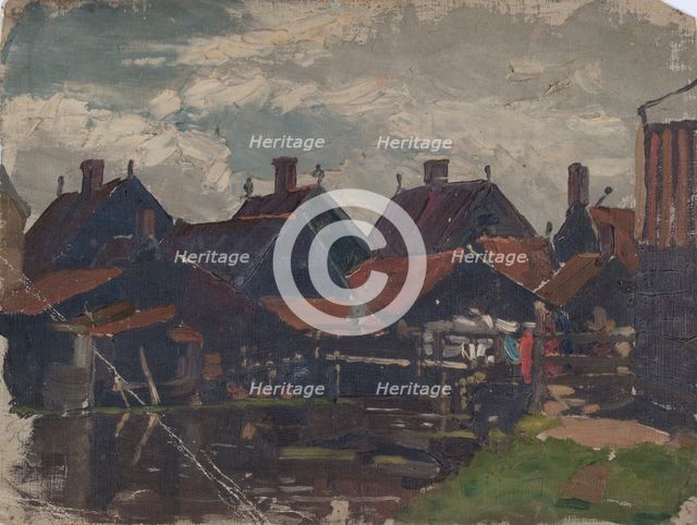 Study of wooden houses beside a pond in Holland, probably mid-late 1870s. Creator: George Clausen.