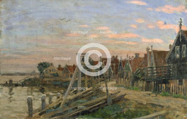 Study of wooden houses on a beach at sunset, (Holland), probably mid-late 1870s. Creator: George Clausen.