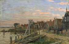 Study of wooden houses on a beach at sunset, (Holland), probably mid-late 1870s. Creator: George Clausen