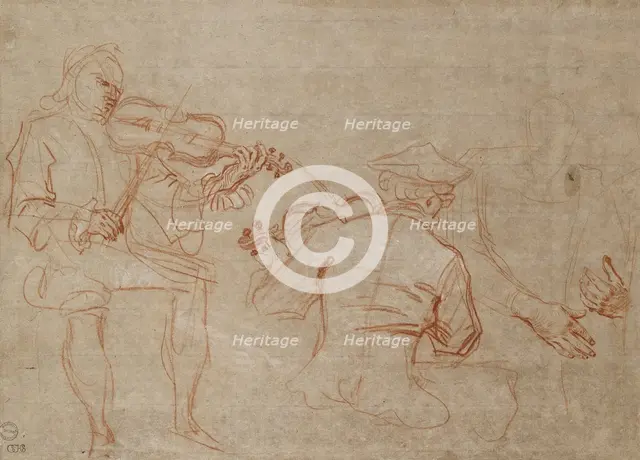 Study of two Violinists and a Pair of Hands, holding an Arm, on the right, about 1716. Artist: Jean-Antoine Watteau.