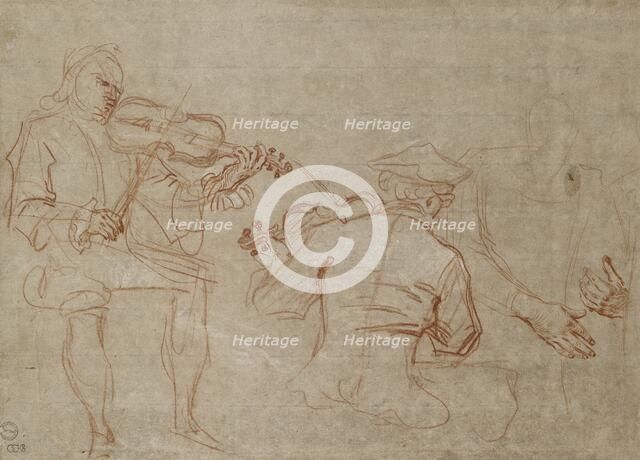 Study of two Violinists and a Pair of Hands, holding an Arm, on the right, about 1716. Artist: Jean-Antoine Watteau.