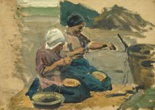 Study of two women engaged in a shoreline activity, (Volendam), mid-late 1870s. Creator: George Clausen