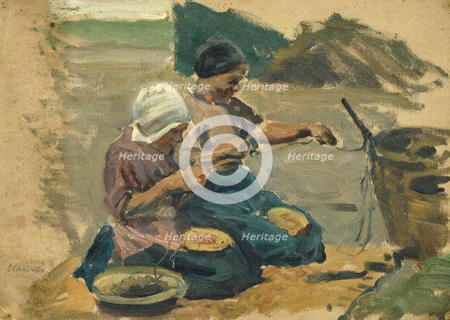 Study of two women engaged in a shoreline activity, (Volendam), mid-late 1870s. Creator: George Clausen.