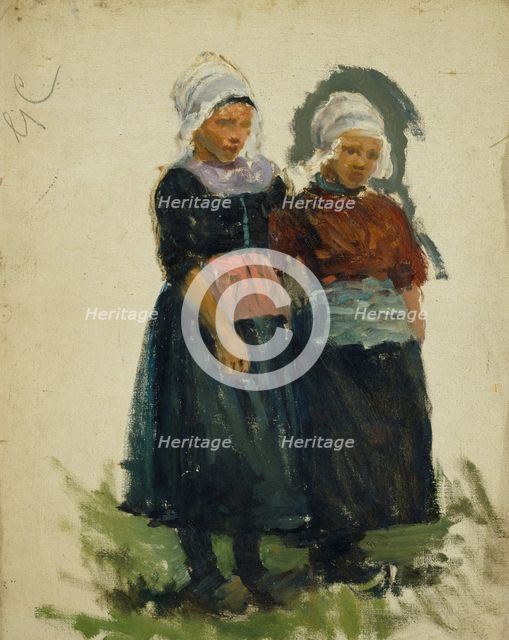 Study of two young Dutch girls, (Volendam), mid-late 1870s. Creator: George Clausen.