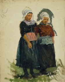 Study of two young Dutch girls, (Volendam), mid-late 1870s. Creator: George Clausen
