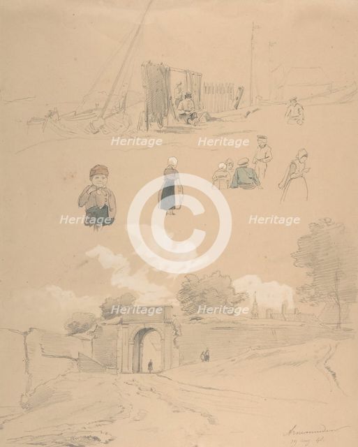 Study Sheet with Figures and Landscapes at Arnemuiden (near Middelburg..., mid-19th century. Creator: Pierre Louis Dubourcq.