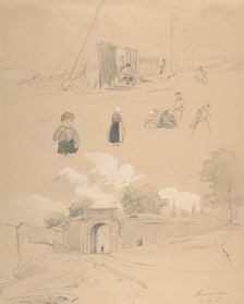 Study Sheet with Figures and Landscapes at Arnemuiden (near Middelburg..., mid-19th century. Creator: Pierre Louis Dubourcq