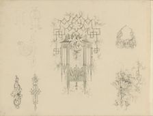 Study sheet with gothic architecture, ornaments and cartouche, c.1850. Creator: Petrus Josephus Hubertus Cuypers