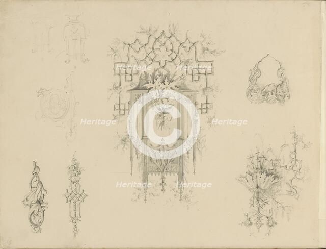 Study sheet with gothic architecture, ornaments and cartouche, c.1850. Creator: Petrus Josephus Hubertus Cuypers.