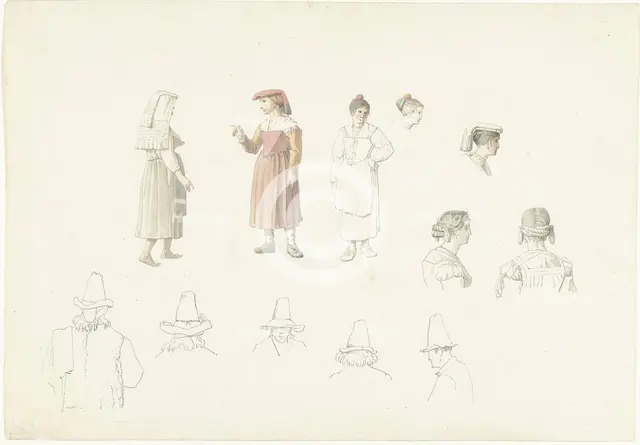 Study sheet with Italian farmers and peasant women, 1787-1847. Creator: Josephus Augustus Knip.