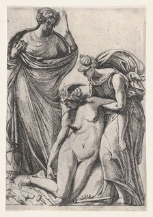 Study supporting the fainting personification of Sculpture; standing next to them, Fran..., 1607-61. Creator: Pierre Biard