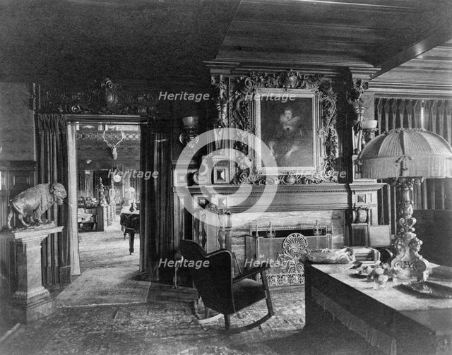 Study with portrait of woman in Elizabethan dress, over fireplace..., Greenwich, Connecticut, 1908. Creator: Frances Benjamin Johnston.