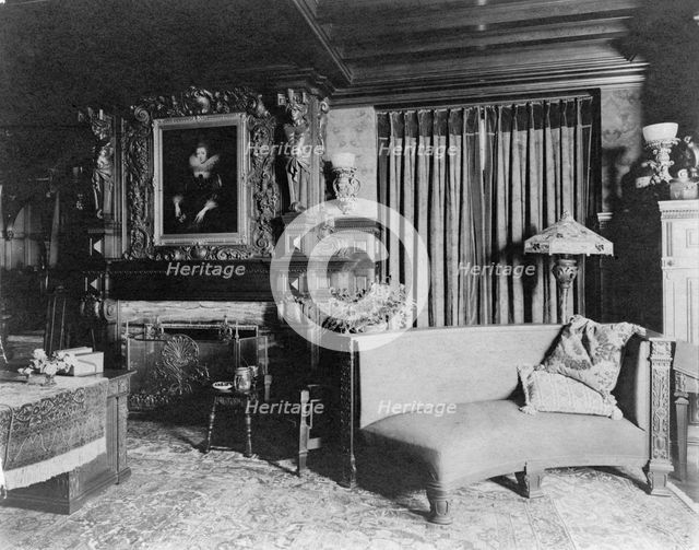 Study with portrait of woman in Elizabethan dress, over fireplace..., Greenwich, Connecticut, 1908. Creator: Frances Benjamin Johnston.