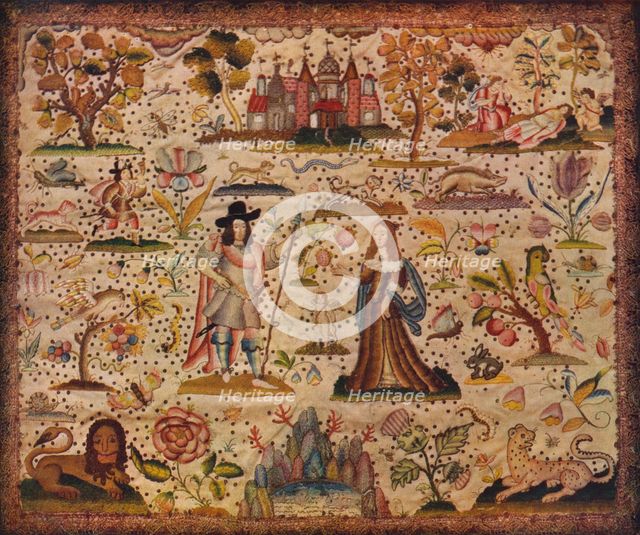 'Stump-work panel: the figures Mars and Venus', c17th century. Artist: Unknown.