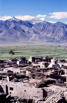 Stupa and mountains, Padum, Ladakh, India, 1988. Creator: Amanda Waite