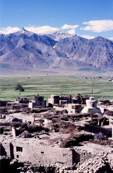 Stupa and mountains, Padum, Ladakh, India, 1988. Creator: Amanda Waite