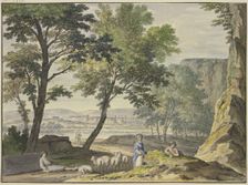 Stylish landscape with shepherds, a town in the distance, 18th century. Creator: Jan van Huysum