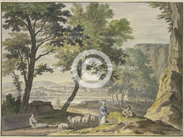 Stylish landscape with shepherds, a town in the distance, 18th century. Creator: Jan van Huysum.