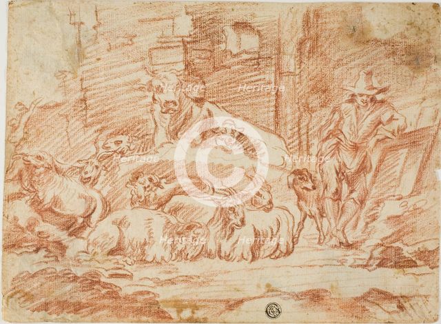 Stable Interior: Herder Resting with Sheep, Cow, Goats and Dog, n.d. Creator: Andrea de Leone.