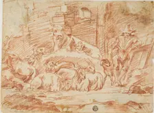 Stable Interior: Herder Resting with Sheep, Cow, Goats and Dog, n.d. Creator: Andrea de Leone