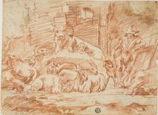 Stable Interior: Herder Resting with Sheep, Cow, Goats and Dog, n.d. Creator: Andrea de Leone