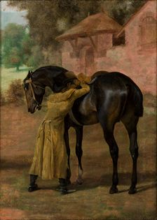 Stableman Saddling a Horse, 1826. Creator: Henryk Zabiello